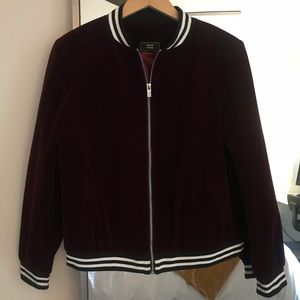 Beige Paris Burgundy Velvet Bomber Jacket